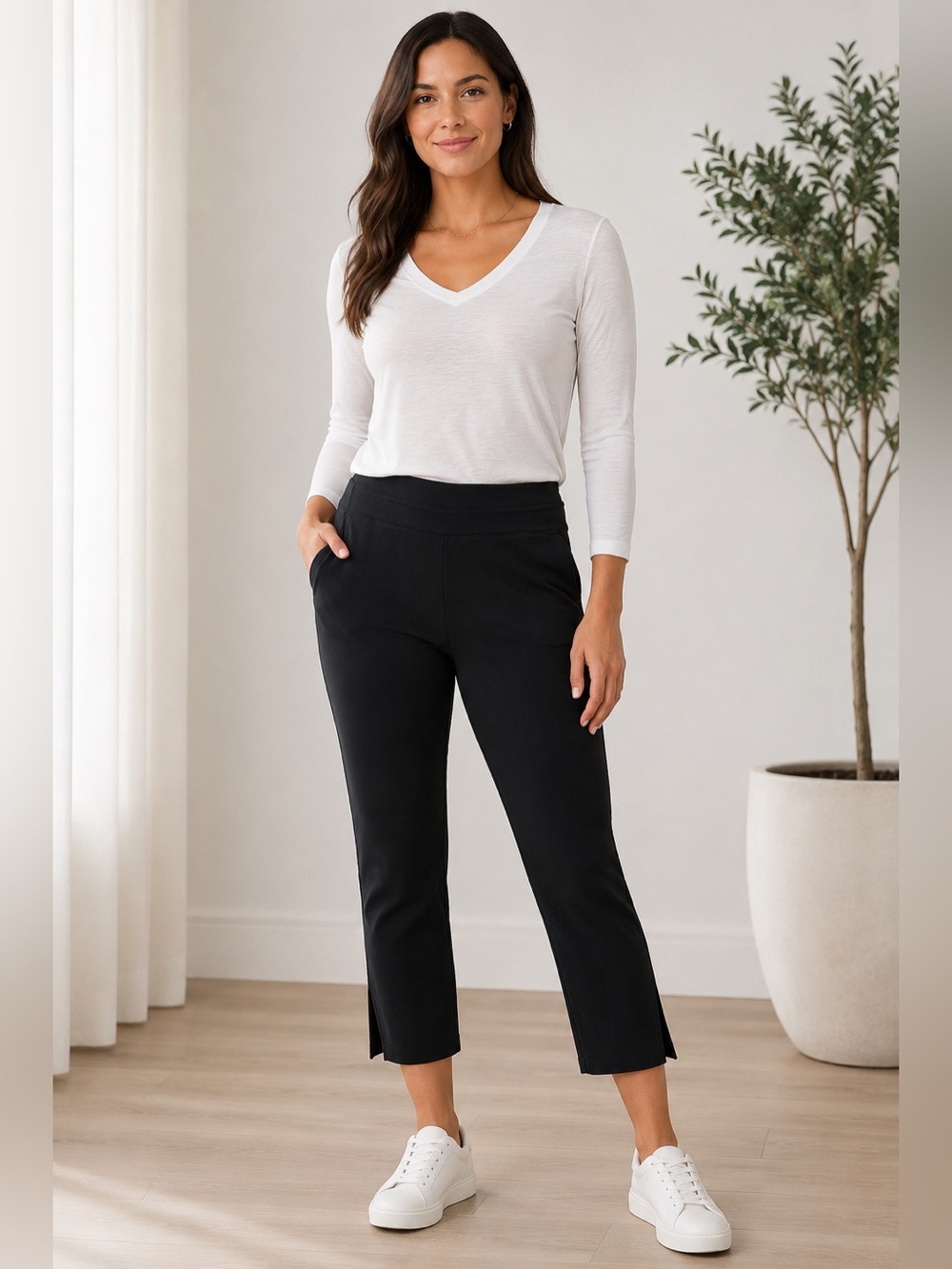 Tommy Bahama Black Pull-On Cropped Pants Slit Hem Stretch‎ Career Travel L